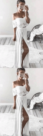 two piece long prom dresses,off the shoulder formal dresses