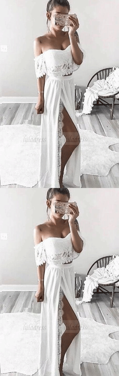 two piece long prom dresses,off the shoulder formal dresses