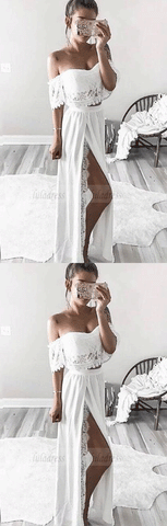two piece long prom dresses,off the shoulder formal dresses