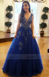 A-line Halter Navy Prom Dress with Beaded Bodice, BW97719