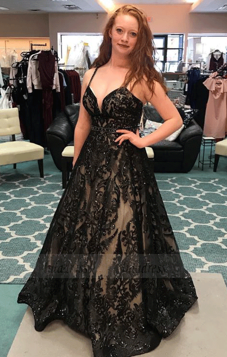 Black Spaghetti Strap Formal V Neck Long Prom Dresses, BW97600