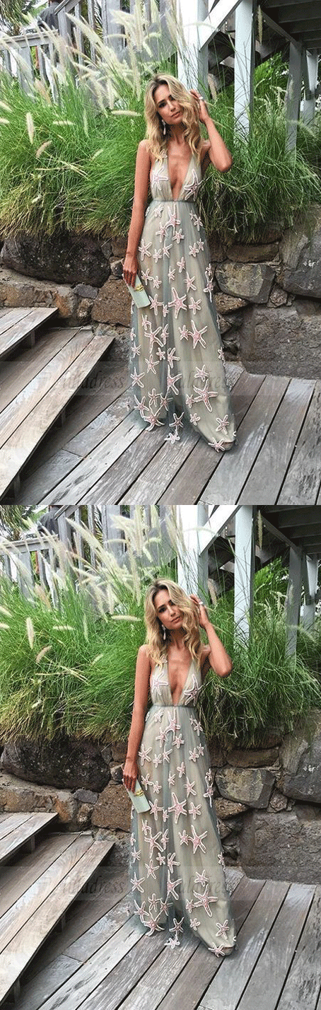 Sexy Deep V-Neck A-line Prom Dresses