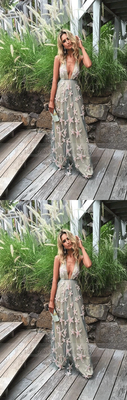 Sexy Deep V-Neck A-line Prom Dresses