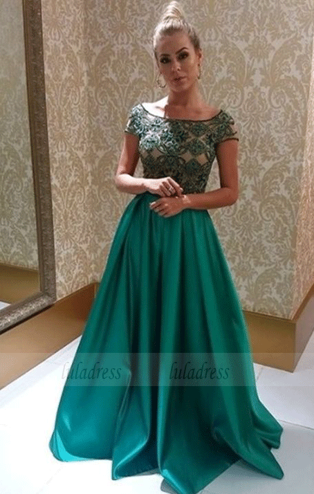 Short Sleeve Prom Dress,Long Stain Evening Dress