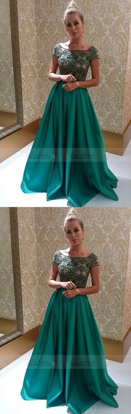 Short Sleeve Prom Dress,Long Stain Evening Dress