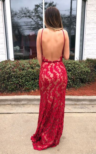Halter Red Lace Prom Dresses, Red Lace Formal Dresses, BW97582