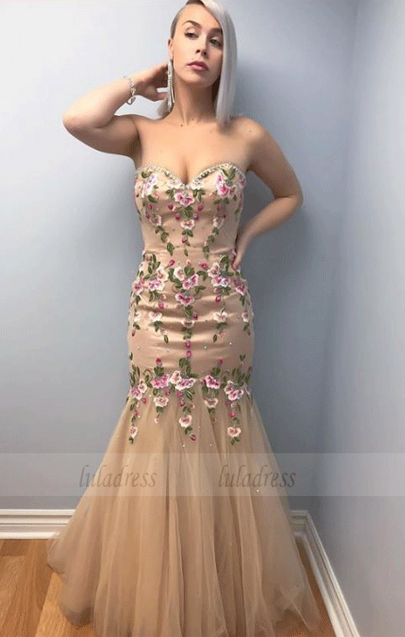 Sweetheart Mermaid Long Evening Dress with Floral Embroidery, BW97682