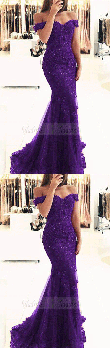 purple lace mermaid prom dresses beaded v neck evening gowns off the shoulder prom dress