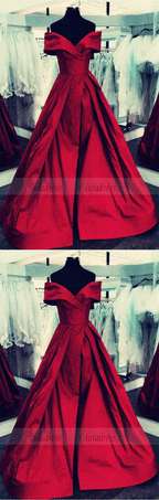 burgundy Satin V-neck Off The Shoulder Ball Gowns Prom Dresses With Leg Split
