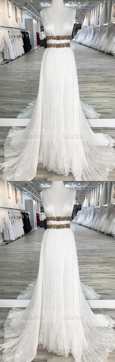 White V Neck Chiffon  Long  Prom Dress,  Evening Dresses