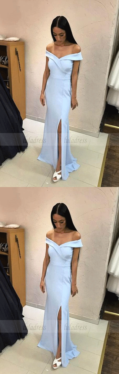 Light Blue Bridesmaid Dress,Mermaid Evening Gowns,Slit Prom Dress,Off Shoulder dress