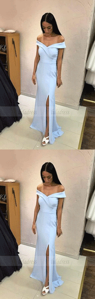 Light Blue Bridesmaid Dress,Mermaid Evening Gowns,Slit Prom Dress,Off Shoulder dress,BD98136