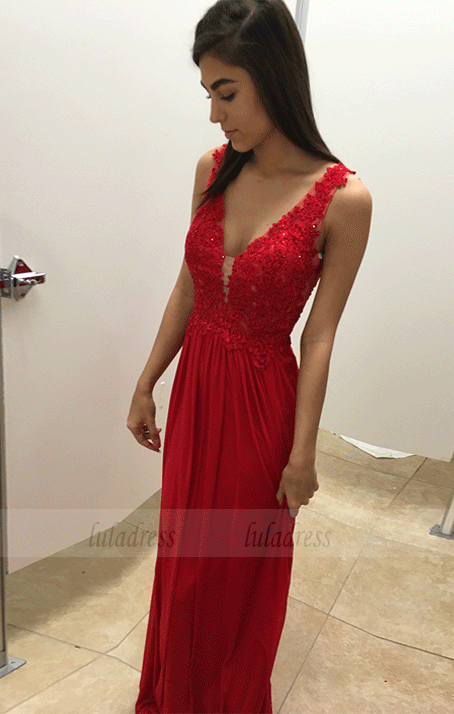 V Neck Chiffon Prom Dress, Evening Gown With Lace Appliques