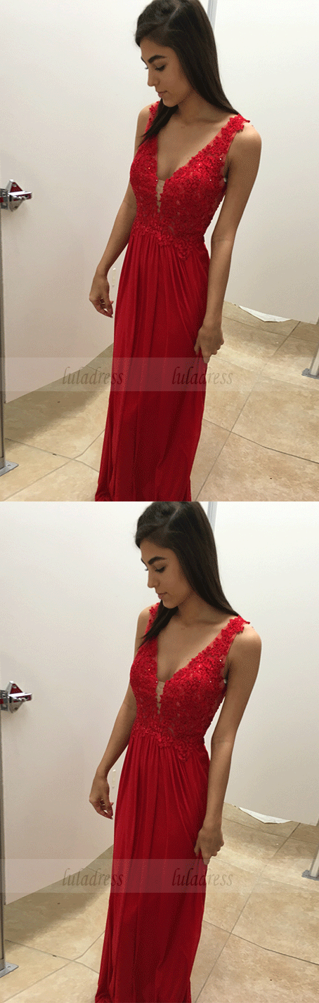 V Neck Chiffon Prom Dress, Evening Gown With Lace Appliques