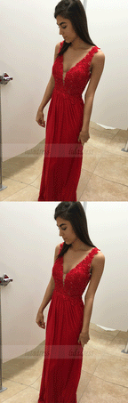 V Neck Chiffon Prom Dress, Evening Gown With Lace Appliques