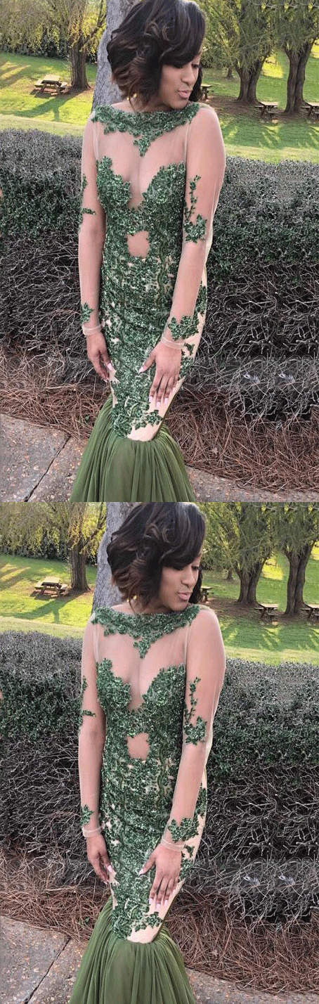 Long Sleeves Appliques Sequins Sheer Neck Long Evening Gowns