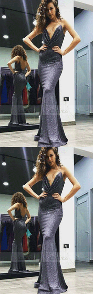 Mermaid Spaghetti Straps Backless Floor-Length Sequin Prom Dress,BD98687