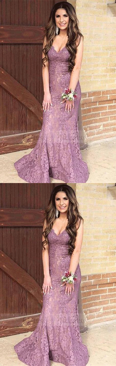 Mermaid Spaghetti Straps Sweep Train Dusty Rose Lace Prom Dress