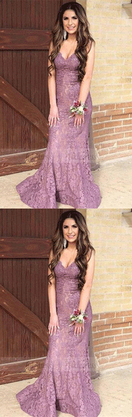 Mermaid Spaghetti Straps Sweep Train Dusty Rose Lace Prom Dress,BD98681