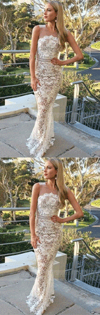 unique white lace mermaid prom dresses, modest round neck evening gowns