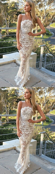 unique white lace mermaid prom dresses, modest round neck evening gowns,BD98680