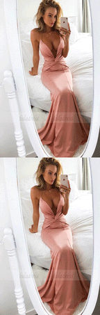 Mermaid Deep V-Neck Sweep Train Blush Prom Dress with Ruched