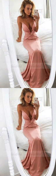 Mermaid Deep V-Neck Sweep Train Blush Prom Dress with Ruched,BD98695