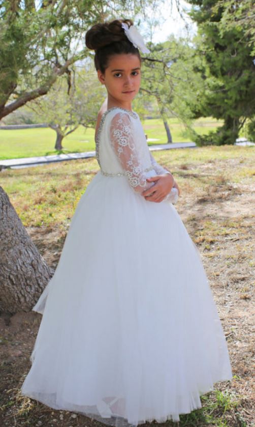 Princess Long Sleeves Backless Flower Girl Dresses Lace Beads Kids First Communion Dress Girls Pageant Birthday Party Dresses