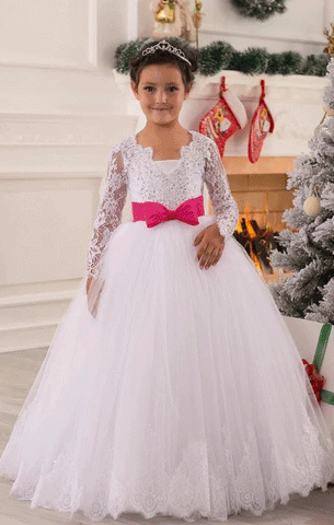Princess Illusion Long Sleeves Flower Girl Dress Puffy Lace Appliques White Kids Wedding Party Dresses, BW97727