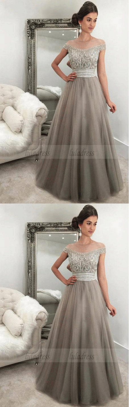 Off-the-Shoulder Floor-Length Light Grey Tulle Prom Dress with Beading