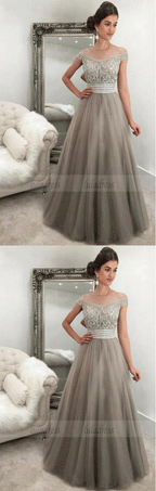 Off-the-Shoulder Floor-Length Light Grey Tulle Prom Dress with Beading