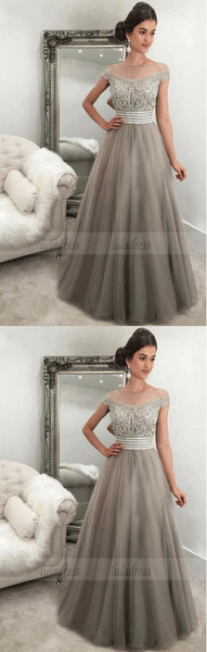 Off-the-Shoulder Floor-Length Light Grey Tulle Prom Dress with Beading,BD99083