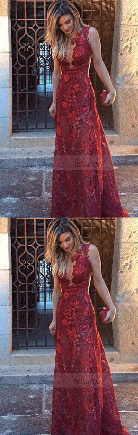 Mermaid Deep V-Neck Sweep Train Dark Red Lace Sleeveless Prom Dress