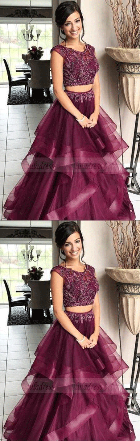 Elegant Beaded Tulle Two Piece Prom Dress, Floor Length Long Prom Dresses