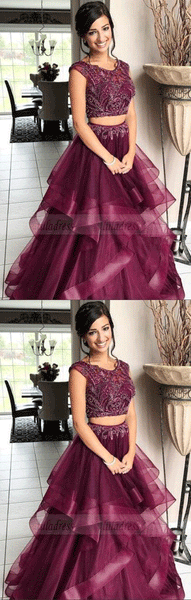 Elegant Beaded Tulle Two Piece Prom Dress, Floor Length Long Prom Dresses,BD99012