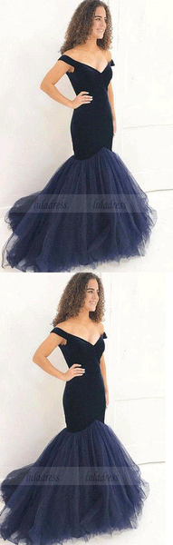 Mermaid dark blue long prom dress, velvet evening dress,BD99009