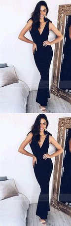 Elegant Black V-Neck Formal Dress,Sheath Floor Length Prom Dress with Bow
