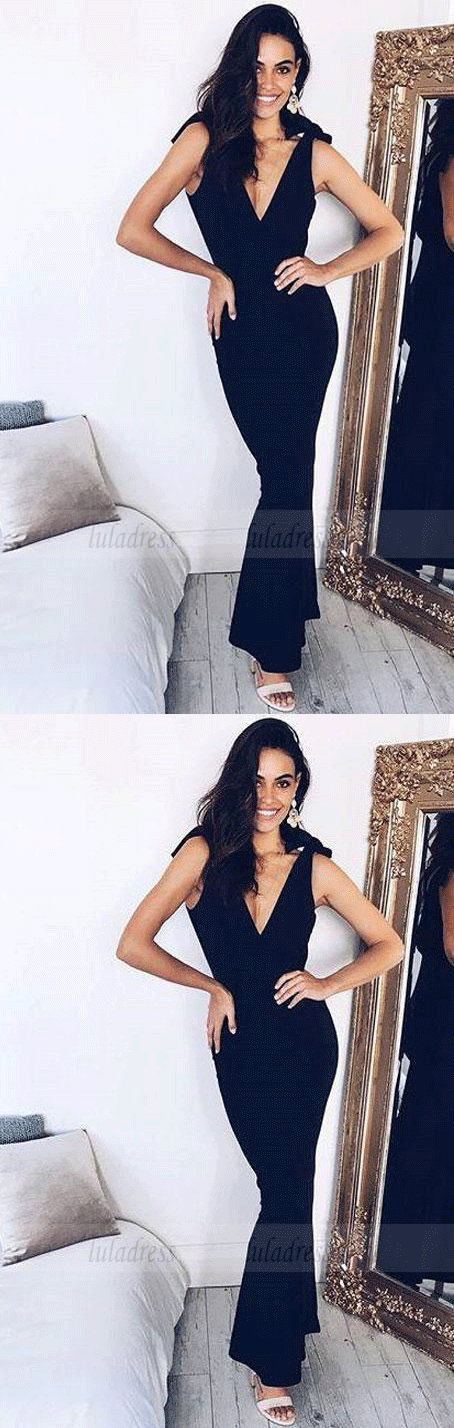 Elegant Black V-Neck Formal Dress,Sheath Floor Length Prom Dress with Bow