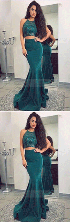 Two-Piece Satin Prom Dress with Beaded Top,Mermaid Long Evening Dress
