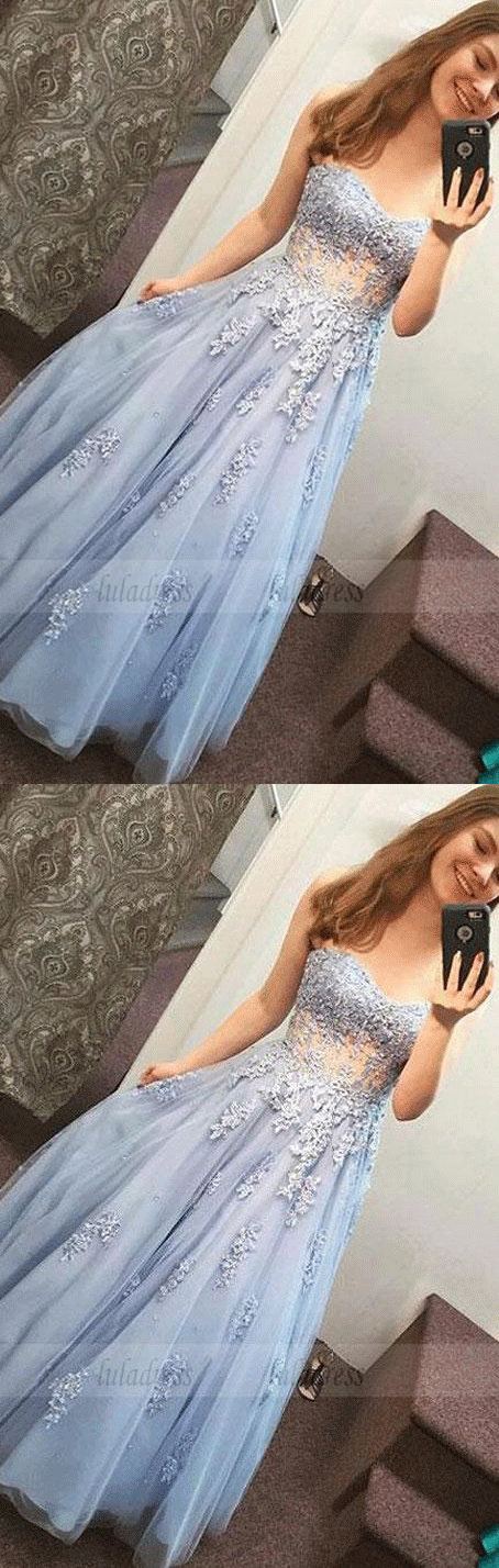 lace tulle long prom dress, sweetheart evening dress