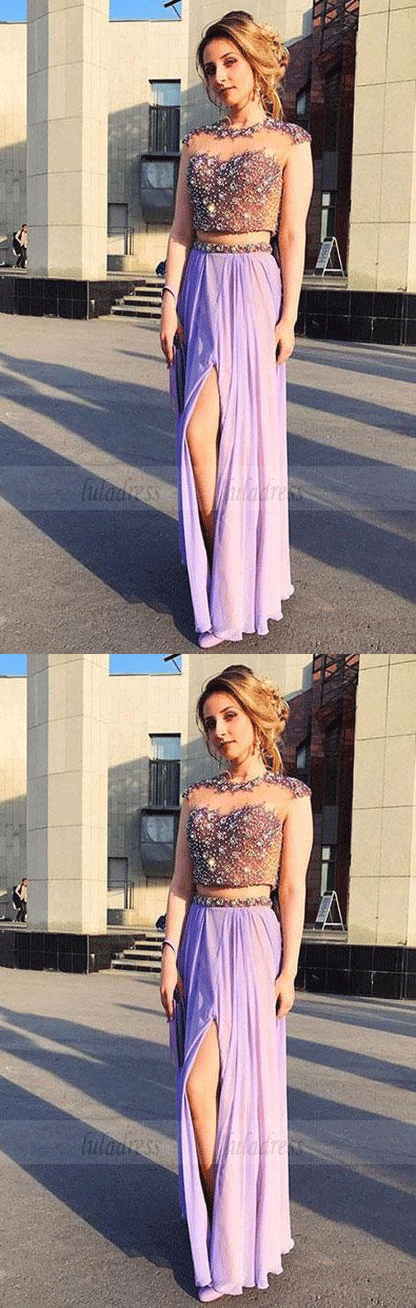 Sexy Sleeveless Prom Dress, Beaded Two Piece Prom Dresses, High Slit Long Party Dress