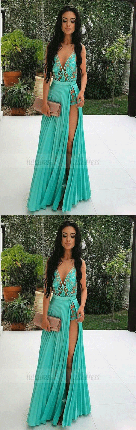 Sexy Deep V Neckline Long Evening Dress, Sexy  Appliques Long Prom Dresses
