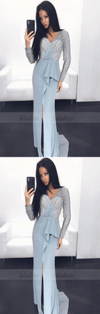 long sleeves sequins and beaded slit prom dress