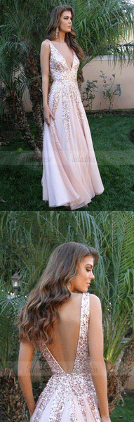 v neck long prom dresses, unique backless evening dresses with sequin,BD98974