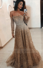 Off The Shoulder Long Sleeve Beading Prom Dress