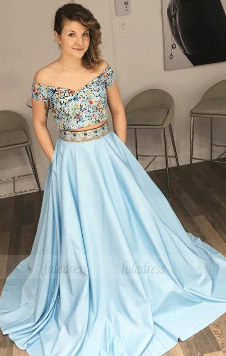 Two Piece Light Sky Blue Floral Embroidery Prom Dress, BW97688