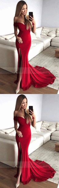 Mermaid Sweetheart Elastic Satin Slit Red Long Prom Dresses,BW97109