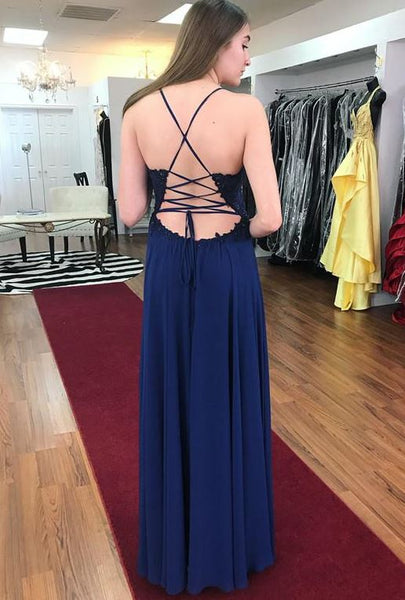 A Line Spaghetti Straps Lace Navy Blue Chiffon Long Prom Dresses, Navy Blue Formal Dresses, BW97596