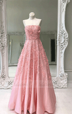 Beaded Appliqued Pink Long Prom Dresses Quinceanera Dress