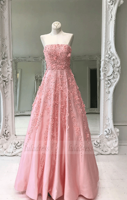 Beaded Appliqued Pink Long Prom Dresses Quinceanera Dress
